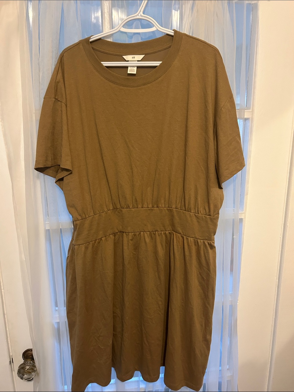 H&M Olive-Brown Short-Sleeve Waist-Defined Mini Dress